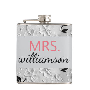 Personalized Black & White Florals MRS. Hip Flask