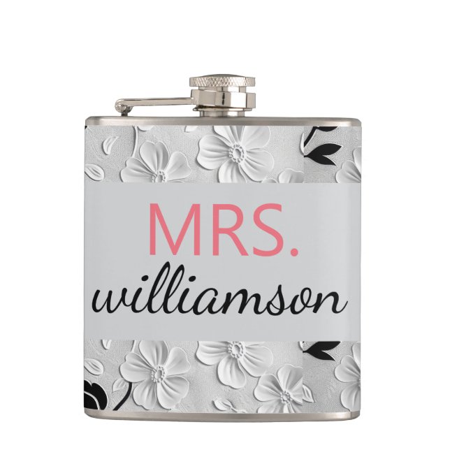Personalized Black & White Florals MRS. Hip Flask (Front)