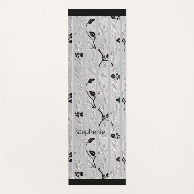 Personalized Black & White Florals Yoga Mat (Front)