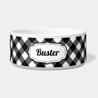 Personalized Black & White Gingham Check pet bowl 