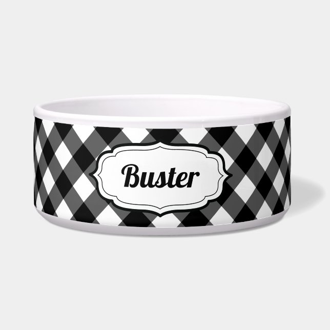 Personalized Black & White Gingham Check pet bowl  (Front)