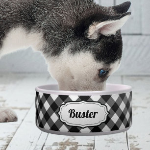 Personalized Black & White Gingham Check pet bowl 