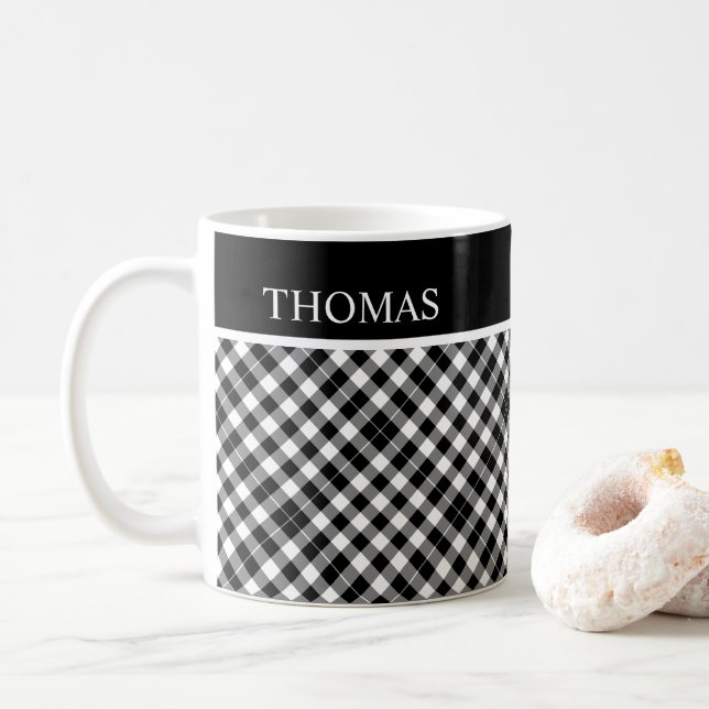 Personalized Black White Gingham Custom Name Coffee Mug (With Donut)