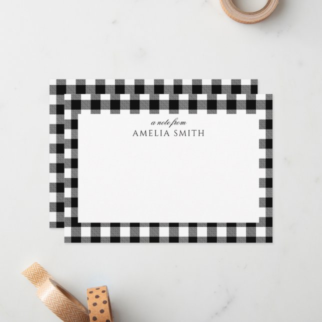 Personalized Black white Gingham Notecard (Front/Back In Situ)