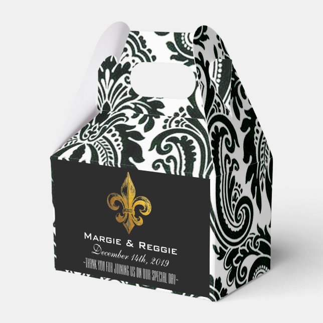 PERSONALIZED BLACK WHITE & GOLD FLEUR DE LIS FAVOR BOX (Front Side)
