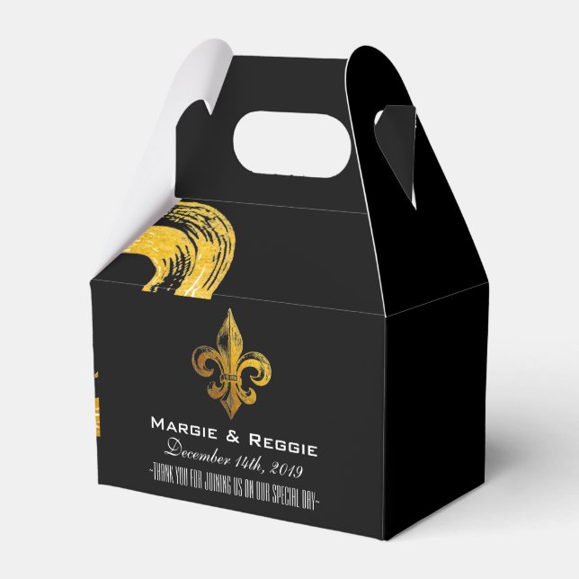 PERSONALIZED BLACK WHITE & GOLD FLEUR DE LIS FAVOR BOX (Front Side)