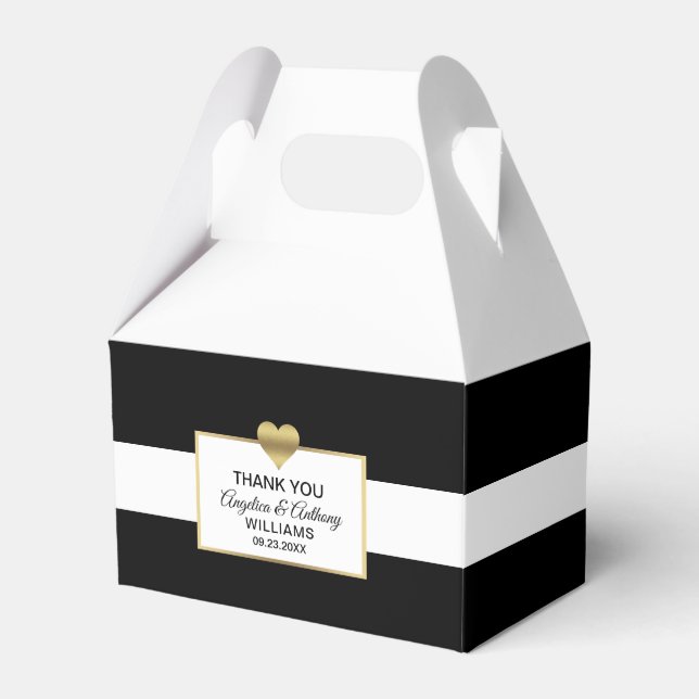 Personalized Black White Gold Heart Wedding Favor Box (Front Side)