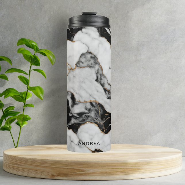 Personalized Black White Gold Marble Thermal Tumbler (Creator Uploaded)