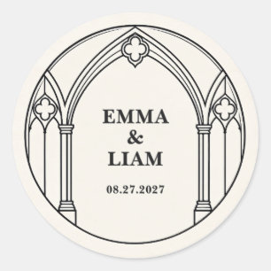 Personalized Black White Gothic Cathedral Wedding Classic Round Sticker