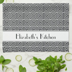 Personalized Black White Greek Meander Key Kitchen Towel