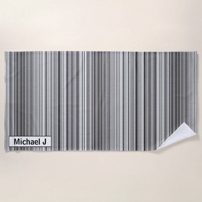 Personalized Black White Grey Striped Pattern Beach Towel (Front)