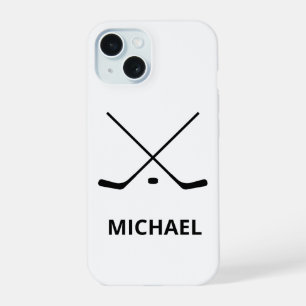 Personalized black white Hockey Sticks and Puck    iPhone 15 Case