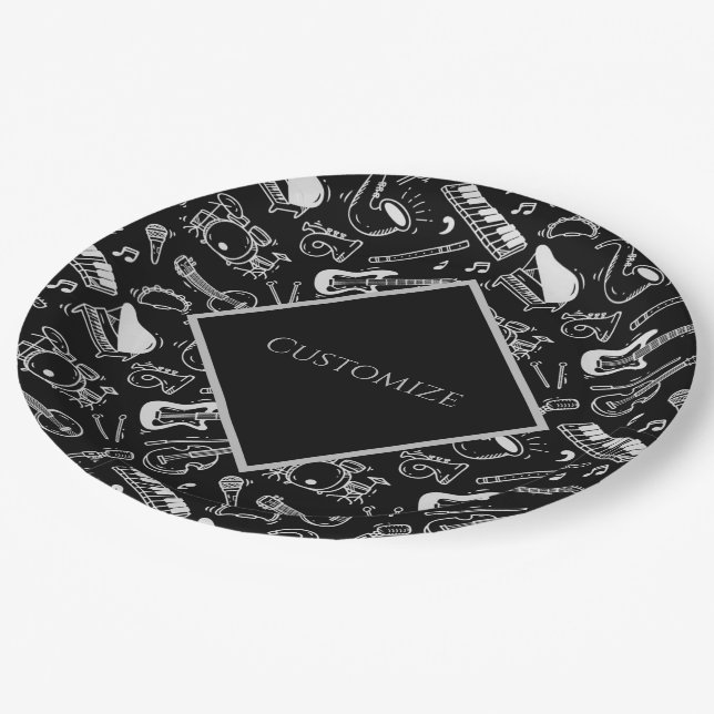 Personalized Black & White Instruments Paper Plate (Angled)