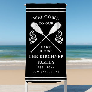 Personalized Black White Lake House Family Name Beach Towel