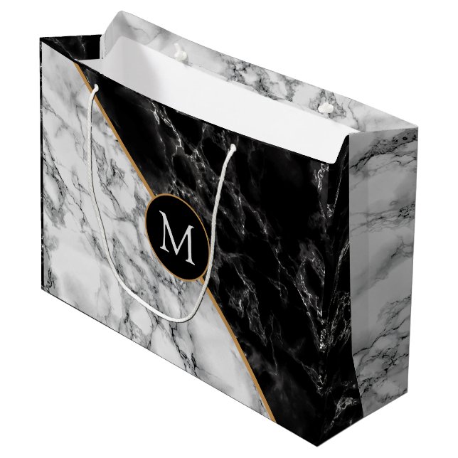 Personalized Black White Marble Monogram Gift Bag (Front Angled)
