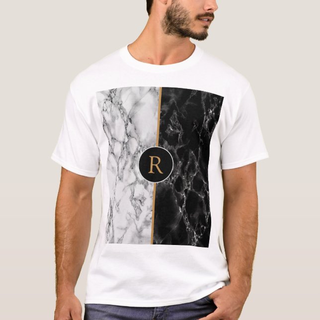 Personalized Black White Marble Monogram T-Shirt (Front)