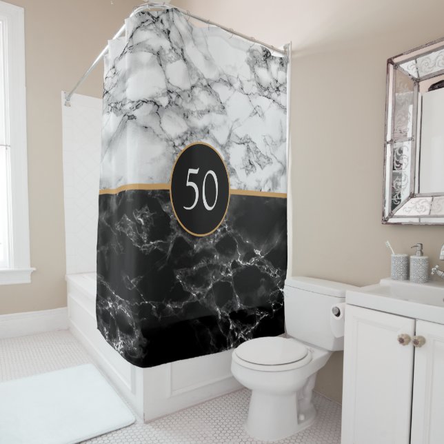 Personalized Black White Marble Shower Curtain (In Situ)