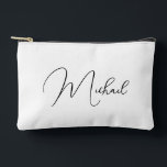 Personalized Black White Monogram Makeup Cosmetic Accessory Pouch<br><div class="desc">Create your own custom, personalized, beautiful modern elegant black script / typography monogram monogrammed, durable Spun Polyester, mens womens white zippered cosmetic makeup toiletry bag golf beach accessory pouch. Simply type in your name / initials / monogram, to customize. Make a great gift for birthday, fathers day, mothers day, christmas,...</div>