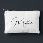Personalized Black White Monogram Makeup Cosmetic Accessory Pouch<br><div class="desc">Create your own custom, personalized, beautiful modern elegant black script / typography monogram monogrammed, durable Spun Polyester, mens womens white zippered cosmetic makeup toiletry bag golf beach accessory pouch. Simply type in your name / initials / monogram, to customize. Make a great gift for birthday, fathers day, mothers day, christmas,...</div>