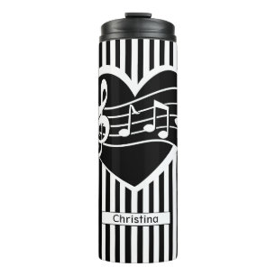 Personalized Black White Music Notes Heart Stripes Thermal Tumbler
