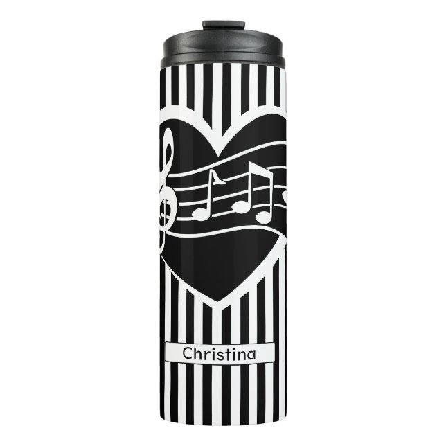 Personalized Black White Music Notes Heart Stripes Thermal Tumbler (Front)