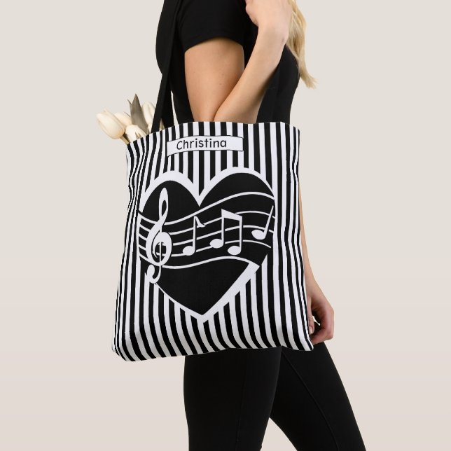 Personalized Black White Music Notes Heart Stripes Tote Bag (Close Up)