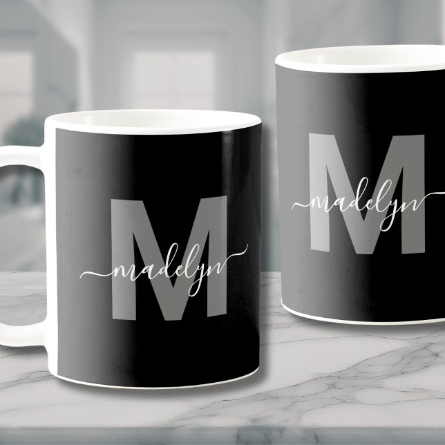 Personalized Black White Name Monogram Coffee Mug (Glamorous Black White Name Monogram Coffee Mug )
