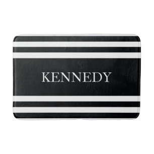 Personalized Black White Nautical Stripes Pattern Bath Mat