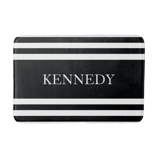 Personalized Black White Nautical Stripes Pattern Bath Mat (Front)