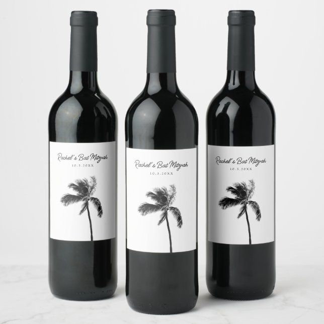Personalized Black & White Palm Tree Wine Label (Bottles)