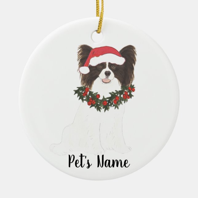 Personalized Black & White Papillon Christmas Ceramic Ornament (Front)