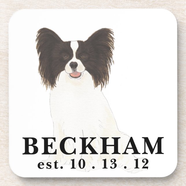 Personalized Black & White Papillon Dog Coaster (Front)