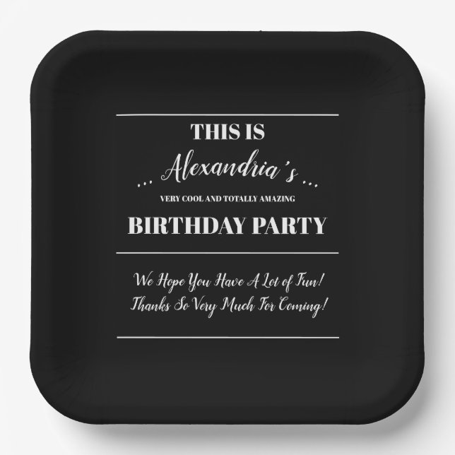 Personalized Black & White Party Paper Plate (Front)