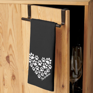 Personalized Black White Paw Print Heart Kitchen Towel