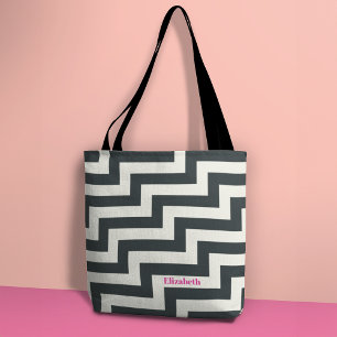 Personalized Black White Pink Bold Zig Zag Tote Bag