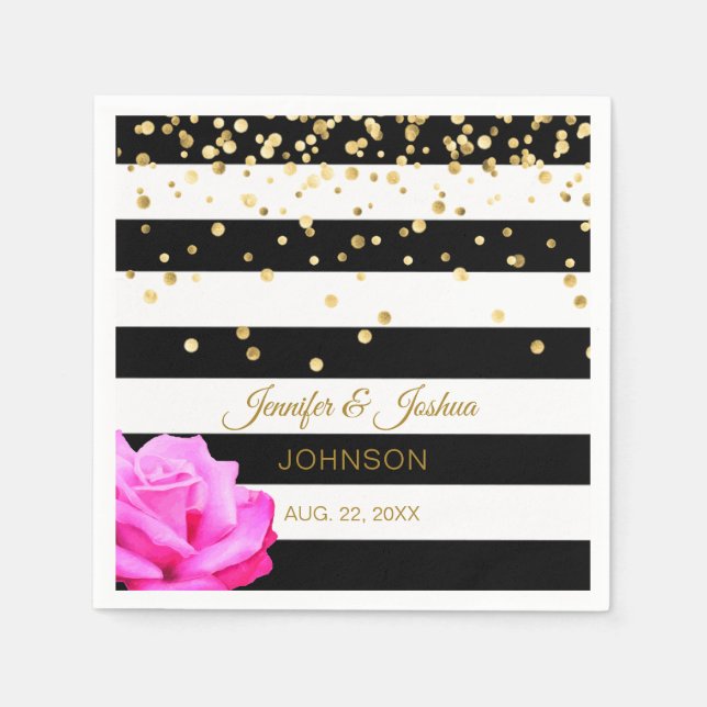 Personalized Black White Pink Rose Gold Wedding Napkin (Front)