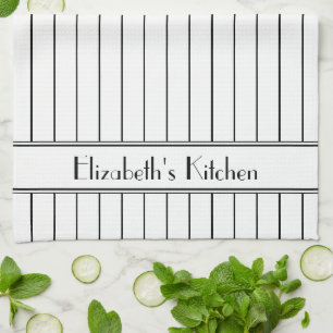 Personalized Black White Pinstripe Pattern Kitchen Towel