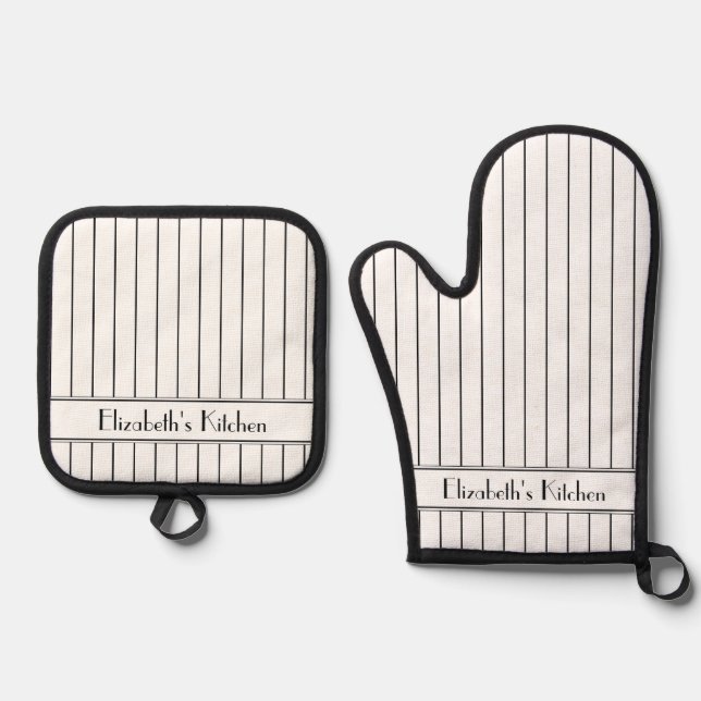 Personalized Black White Pinstripe Pattern Oven Mitt & Pot Holder Set (Front)