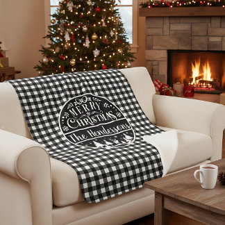 Personalized Black & White Plaid Merry Christmas Sherpa Blanket