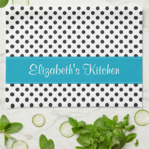 Personalized Black White Polka Dot Blue Kitchen Towel
