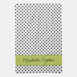 Personalized Black White Polka Dot Green Kitchen Towel