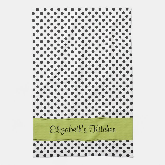 Personalized Black White Polka Dot Green Kitchen Towel (Vertical)