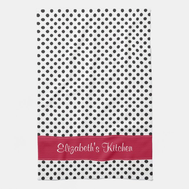 Personalized Black White Polka Dot Red Kitchen Towel (Vertical)