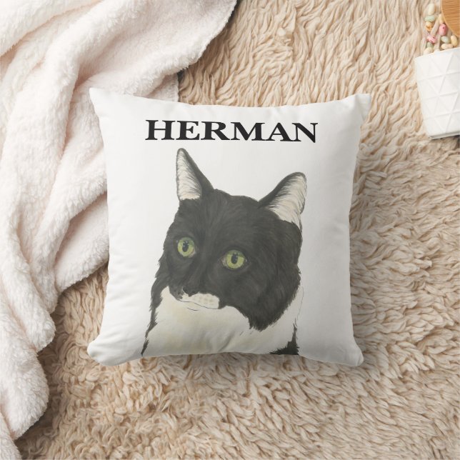 Personalized Black & White Ragamuffin Tuxedo Cat  Throw Pillow (Blanket)