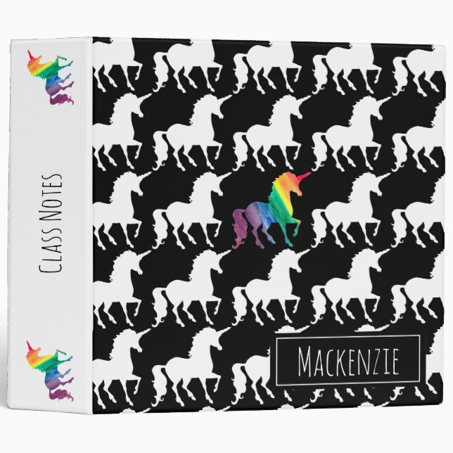 Personalized Black & White Rainbow Unicorn Pattern Binder (Front/Spine)