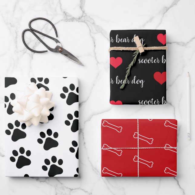 Personalized Black White Red Dog Themed Holiday  Wrapping Paper Sheet (Front)