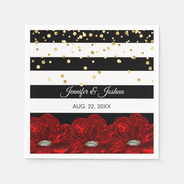 Personalized Black White Red Roses Gold Wedding Napkin (Front)