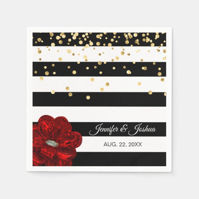 Personalized Black White Red Roses Gold Wedding Napkin (Front)