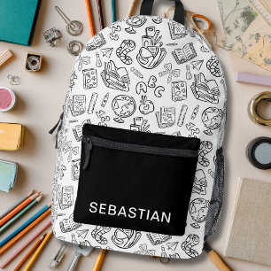 Personalized Black & White School Doodle Kids Printed Backpack
