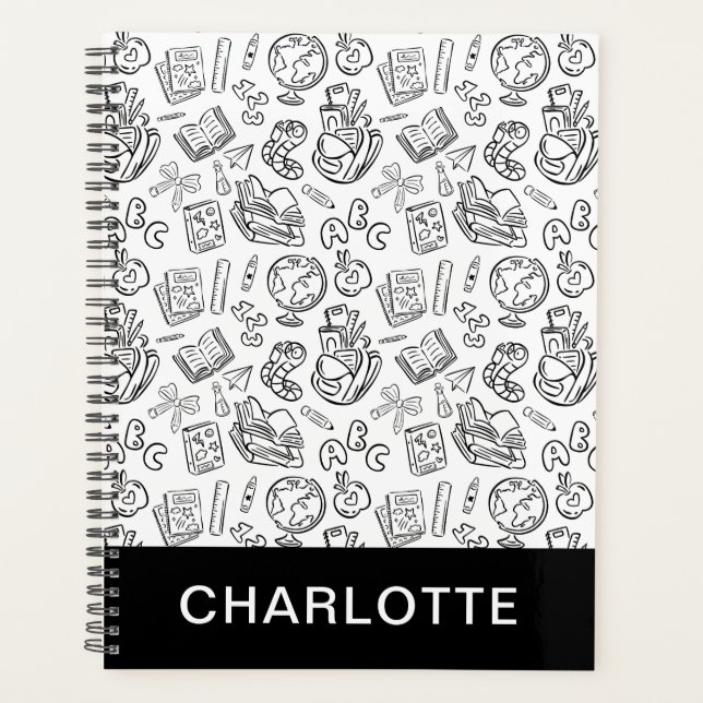 Personalized Black & White School Handdrawn Doodle Planner (Front)